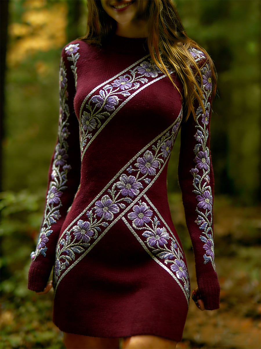 Női vintage etnikai stílus virágos nyomtatás kötött kényelmes és elegáns ruha