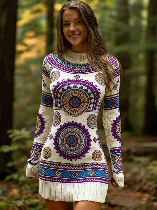 Női vintage etnikai stílus virágos nyomtatás kötött kényelmes és elegáns ruha