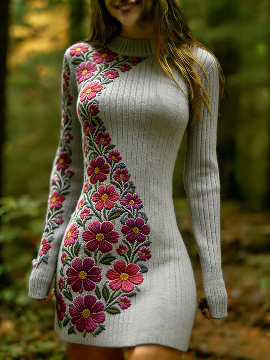 Női vintage etnikai stílus virágos nyomtatás kötött kényelmes és elegáns ruha