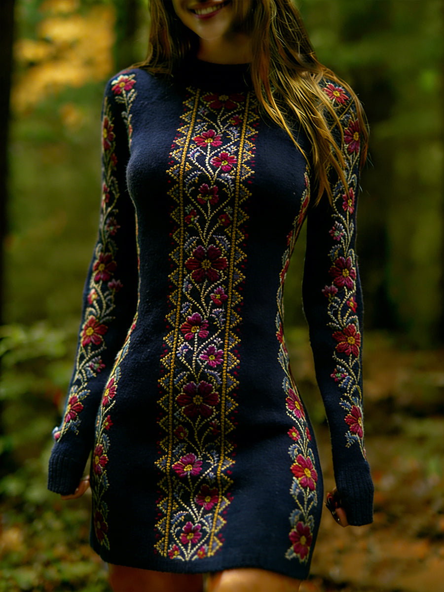 Női vintage etnikai stílus virágos nyomtatás kötött kényelmes és elegáns ruha