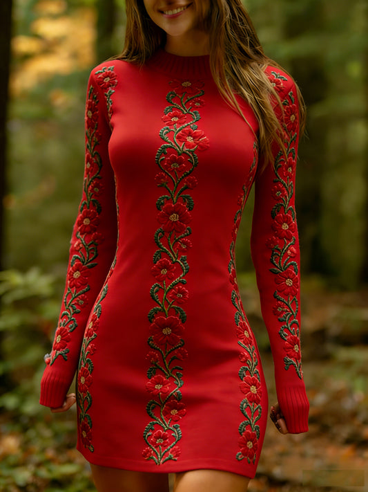 Női vintage etnikai stílus virágos nyomtatás kötött kényelmes és elegáns ruha