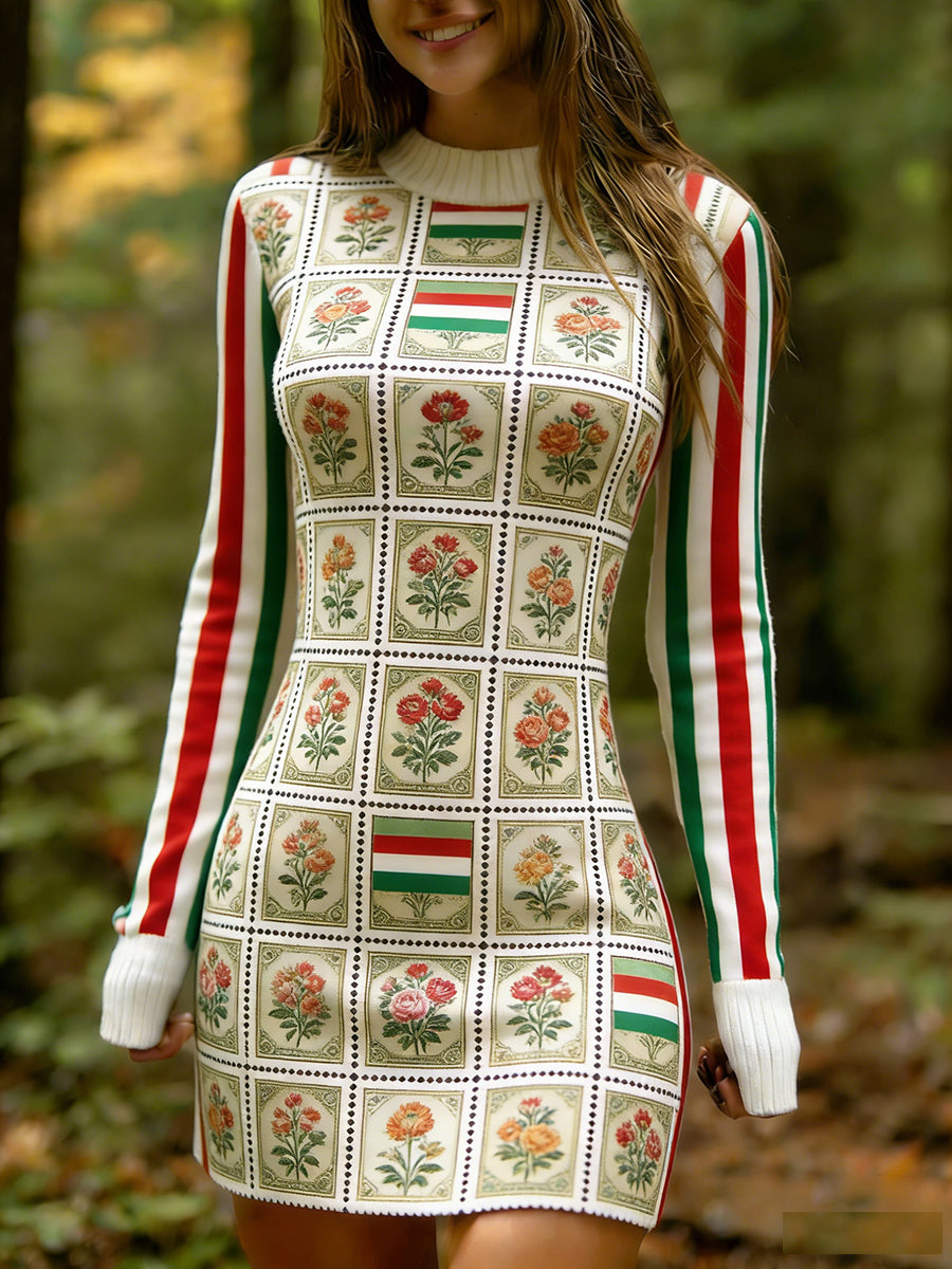 Női vintage etnikai stílus virágos nyomtatás kötött kényelmes és elegáns ruha