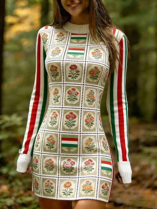 Női vintage etnikai stílus virágos nyomtatás kötött kényelmes és elegáns ruha