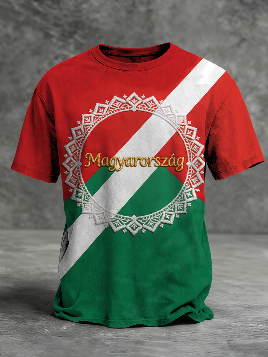 Férfi élénk piros-zöld magyarország "magyarország" grafikus póló