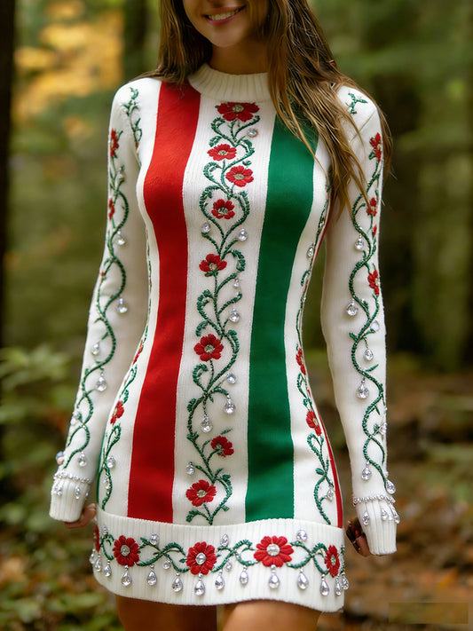 Női vintage etnikai stílus virágos nyomtatás kötött kényelmes és elegáns ruha