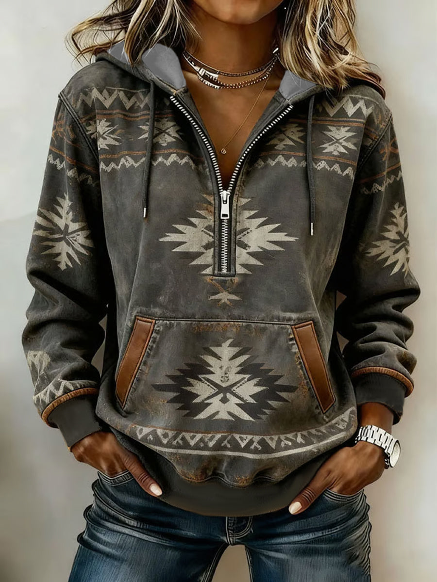 Női vintage nyugati azték patchwork csuklyás cipzár kapucnis