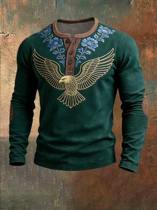 Férfi elegáns sötétzöld sas & kék virágos hímzett hosszú ujjú