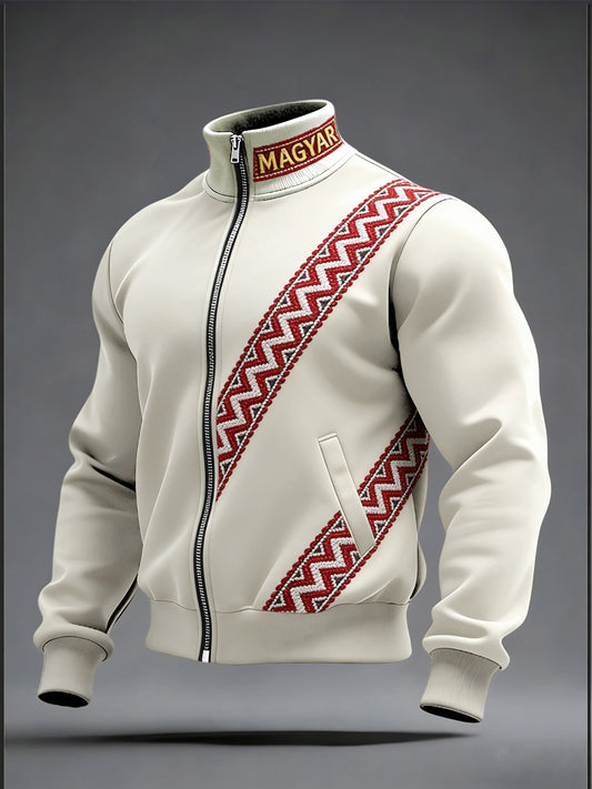 Férfi hagyományos bézs-magyar minta zip-up kabát