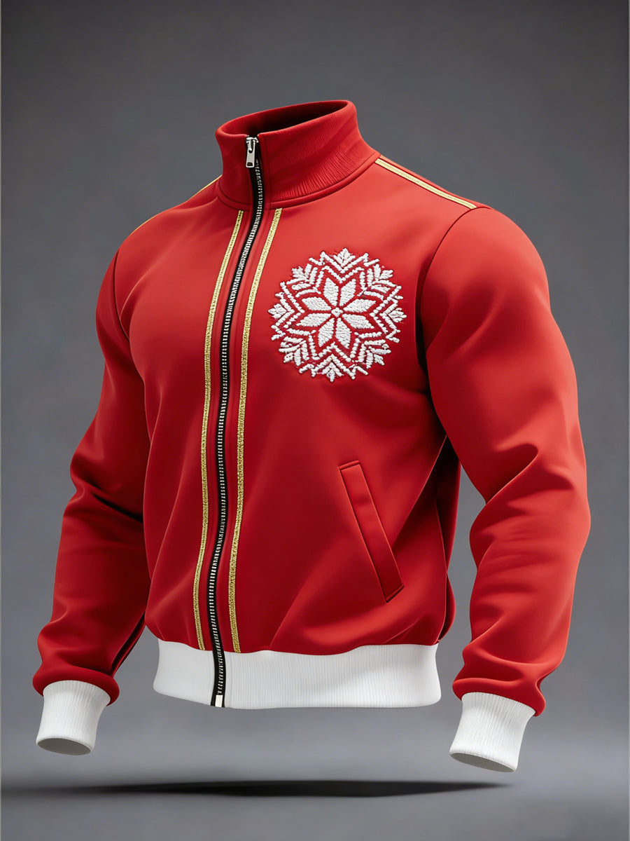 Férfi feltűnő piros-fehér hópehely embléma luxemburgi kabát