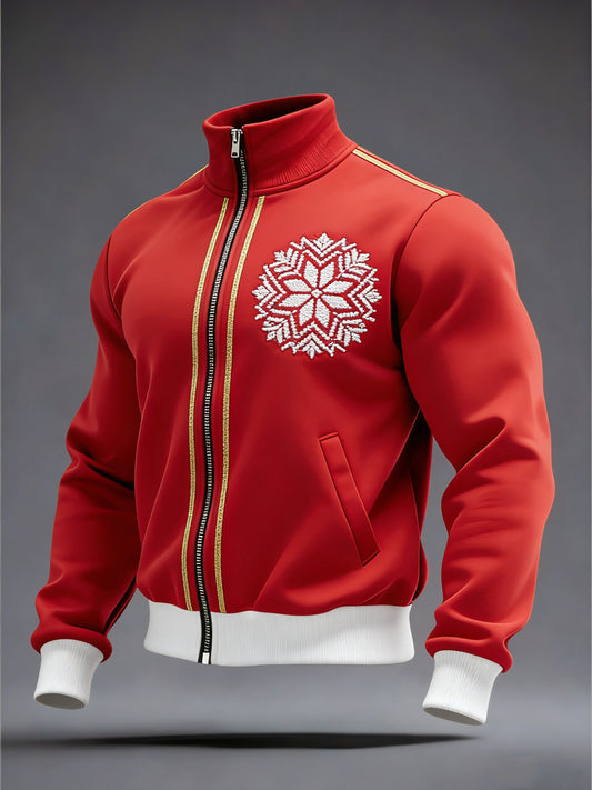 Férfi feltűnő piros-fehér hópehely embléma luxemburgi kabát