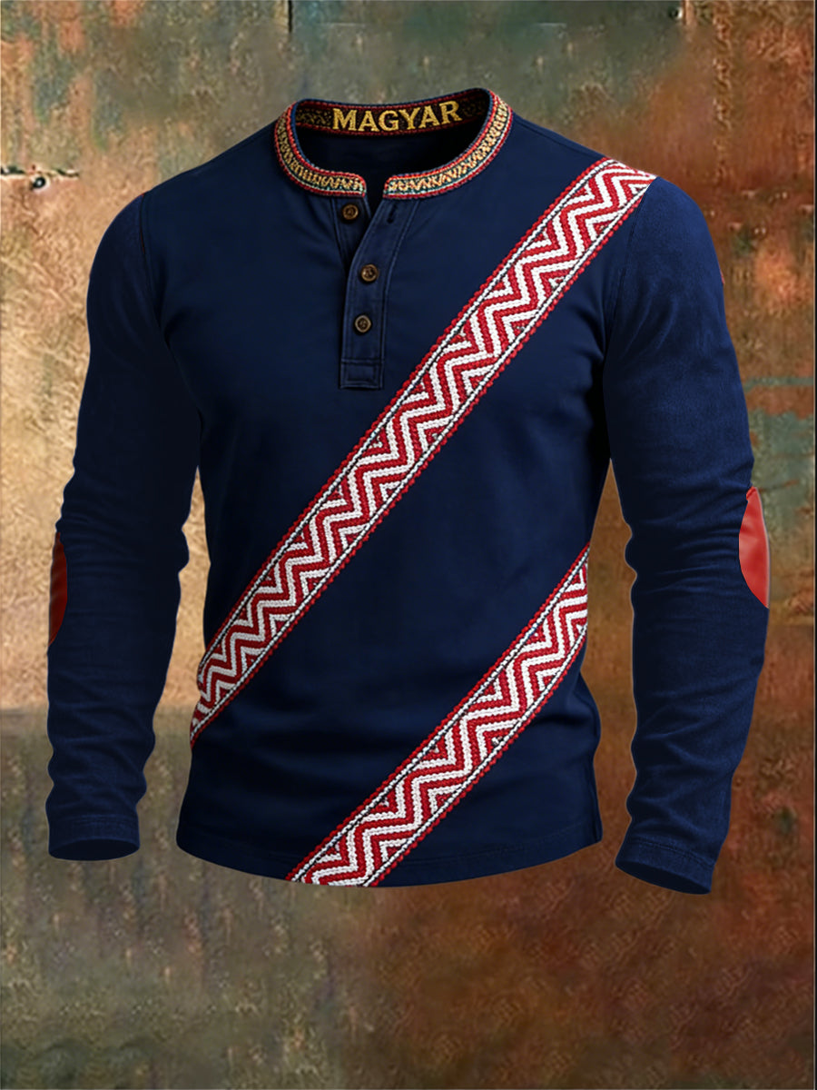 Férfi hagyományos haditengerészet magyar minta csík hosszú ujjú