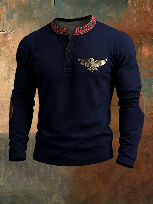 Férfi karcsú haditengerészeti sas & piros minta akcentus hosszú ujjú