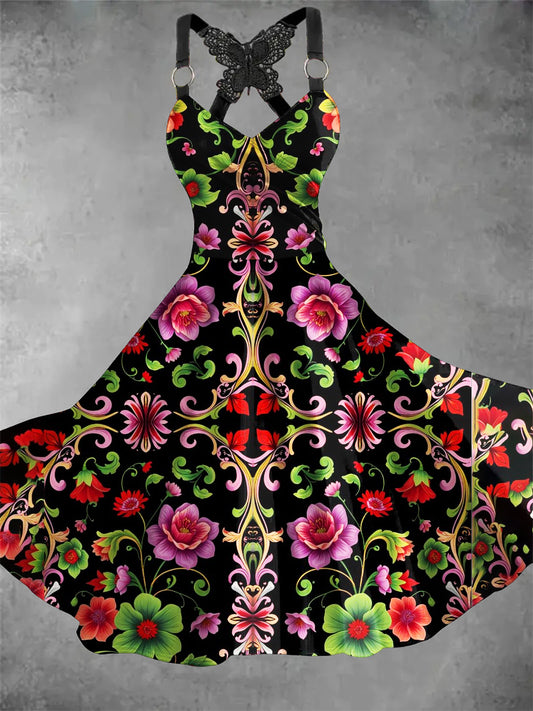 Retro v-nyak mexikói virágos művészet nyomtatás alkalmi csipke íj suspender midi ruha