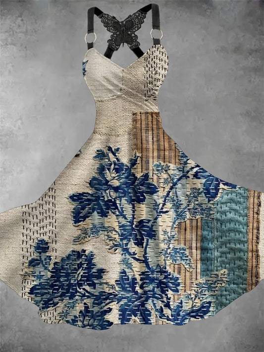 Retro v-nyak virágos művészet nyomtatás alkalmi csipke íj suspender midi ruha