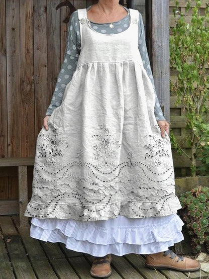 Vintage virágos nyomtatás ujjatlan crewneck gomb-up pamut midi ruha