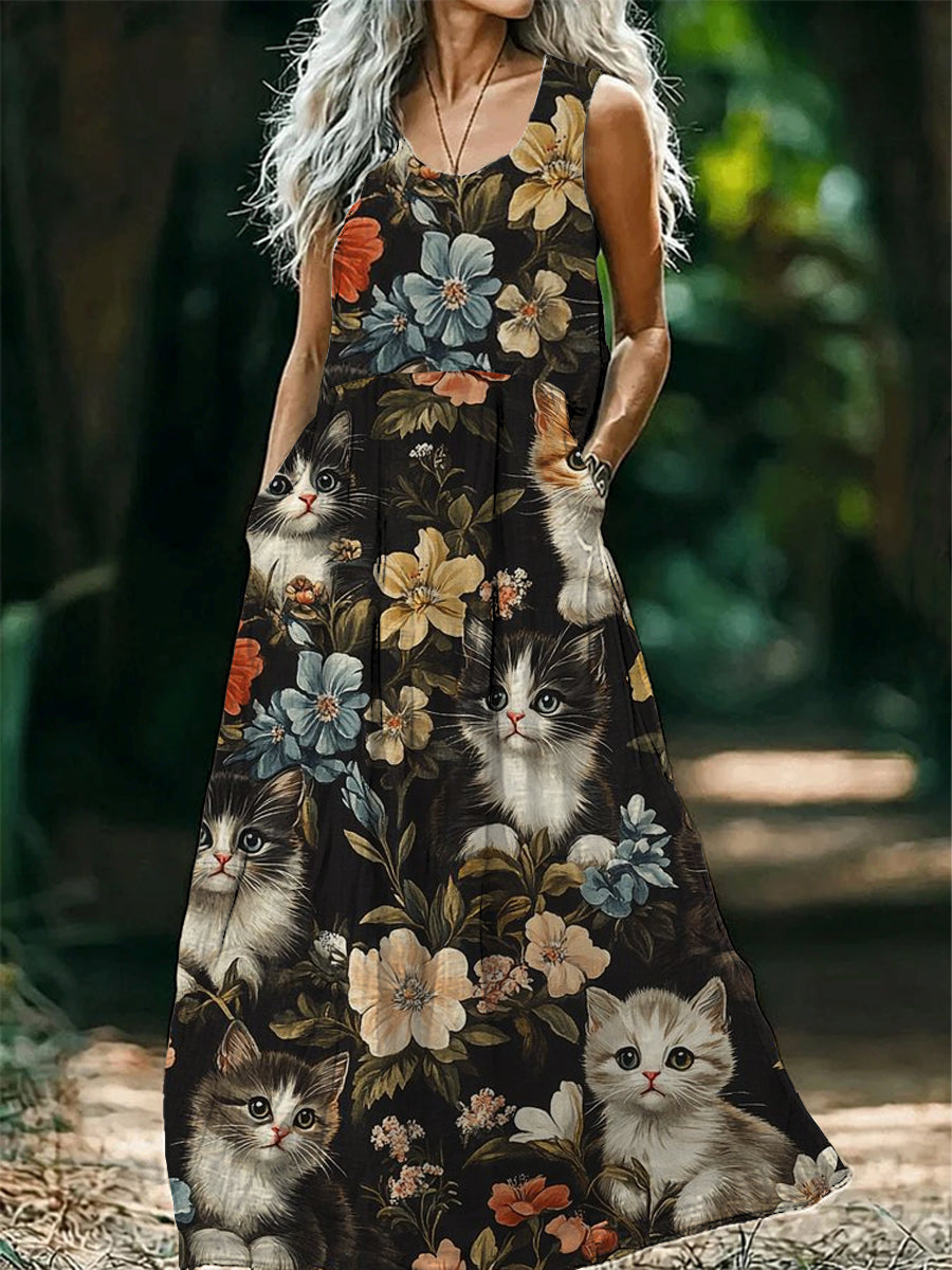 Vintage macska virágos nyomtatás ujjatlan legénység pamut midi ruha