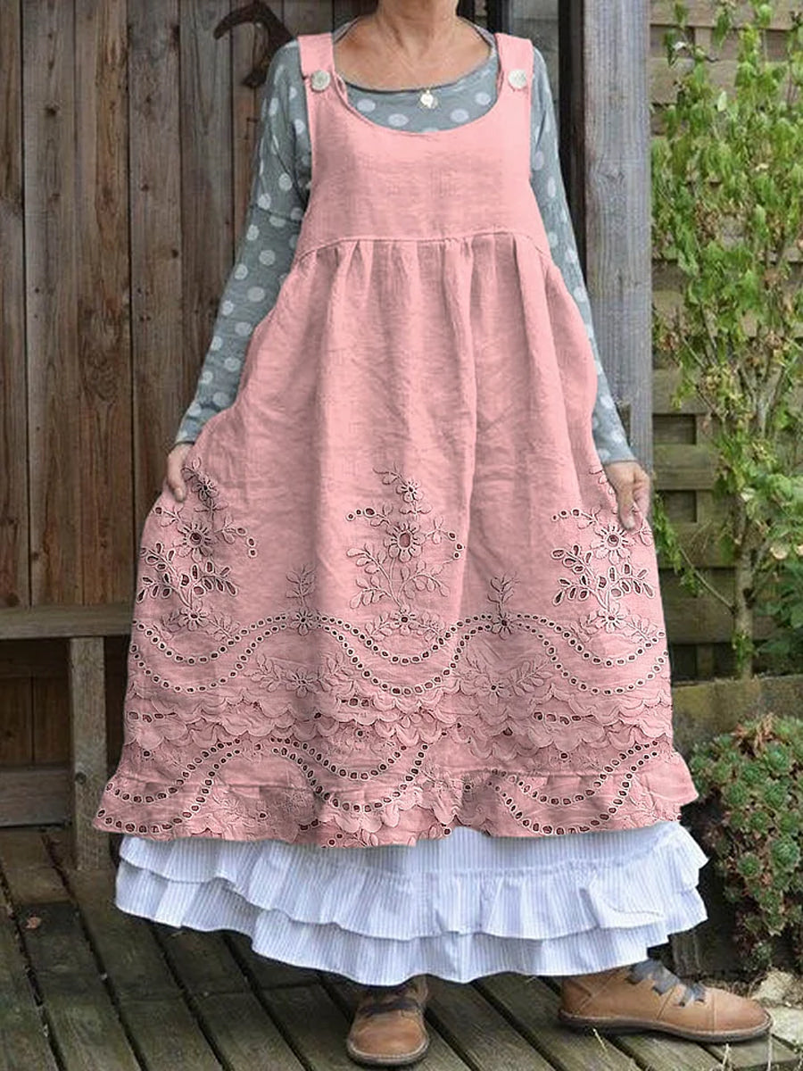 Vintage virágos nyomtatás ujjatlan crewneck gomb-up pamut midi ruha