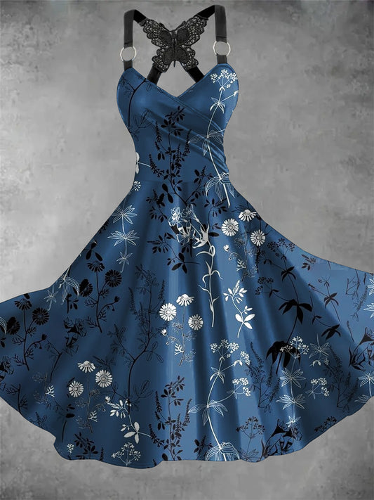 Retro v-nyak virágos művészet nyomtatás alkalmi csipke íj suspender midi ruha