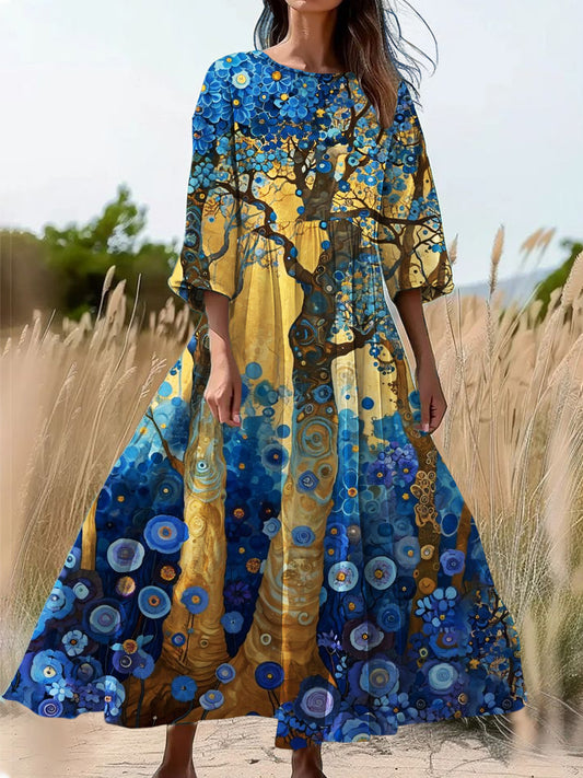 Vintage virág művészet nyomtatás kerek nyak hosszú ujjú midi ruha