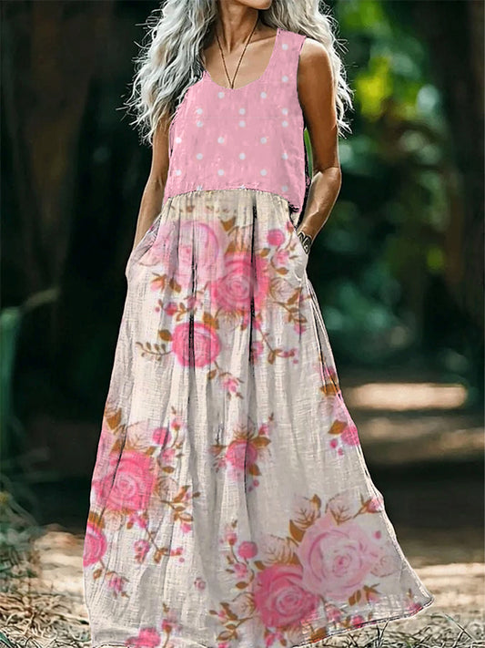 Vintage bohém virágos nyomtatás ujjatlan laza midi ruha