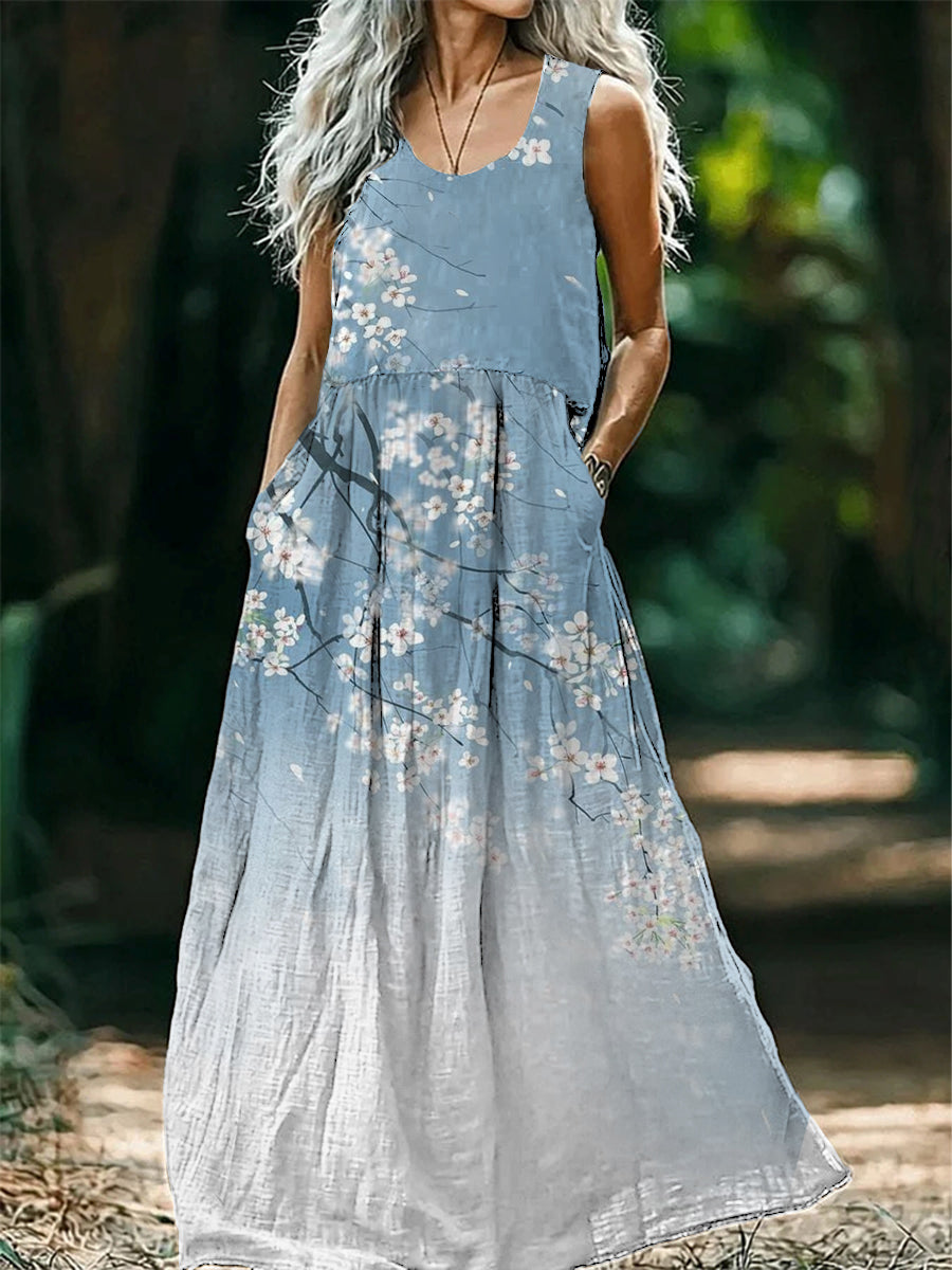 Vintage bohém virágos nyomtatás ujjatlan laza midi ruha