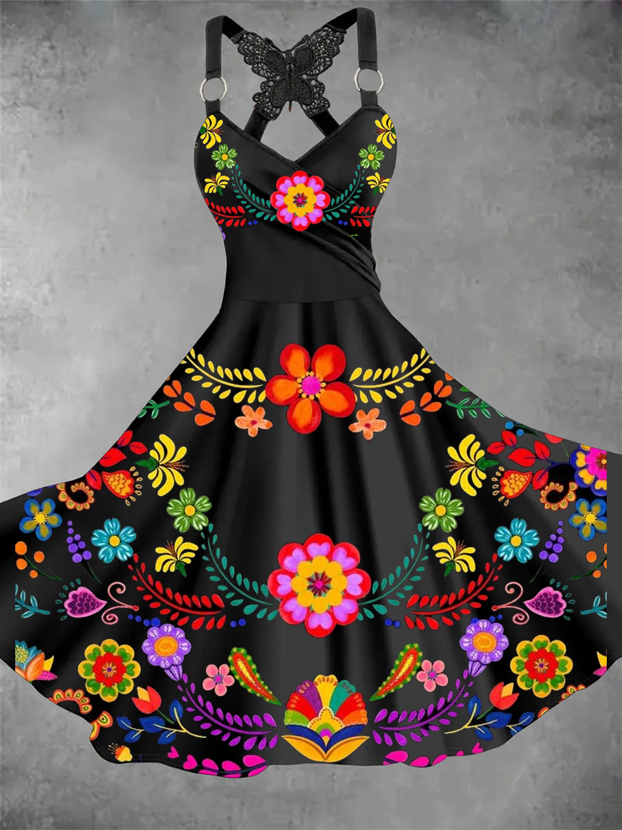 Retro v-nyak mexikói virágos művészet nyomtatás alkalmi csipke íj suspender midi ruha