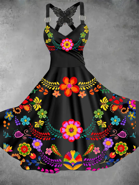 Retro v-nyak mexikói virágos művészet nyomtatás alkalmi csipke íj suspender midi ruha