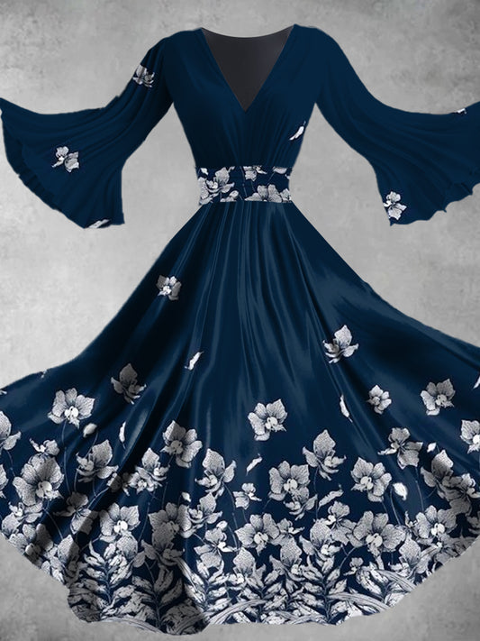 Évjárat mexikói fesztivál virágnyomat v nyak harang ujjú midi ruha