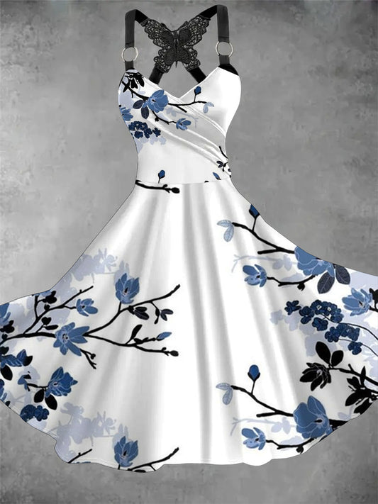 Retro v-nyak virágos művészet nyomtatás alkalmi csipke íj suspender midi ruha