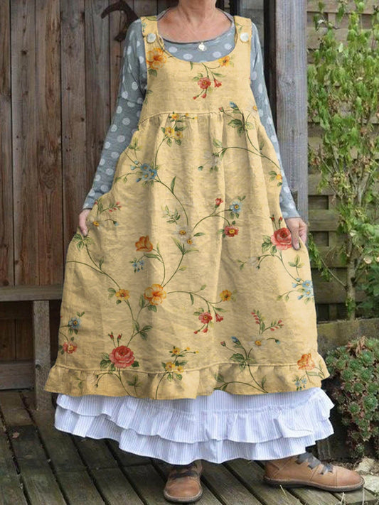 Vintage virágos nyomtatás ujjatlan crewneck gomb-up pamut midi ruha