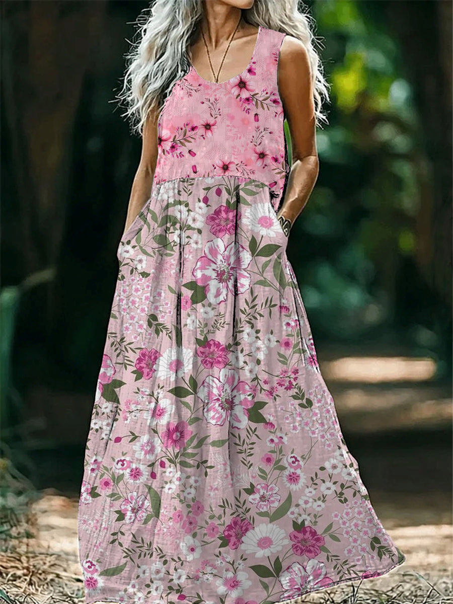 Vintage bohém virágos nyomtatás ujjatlan laza midi ruha