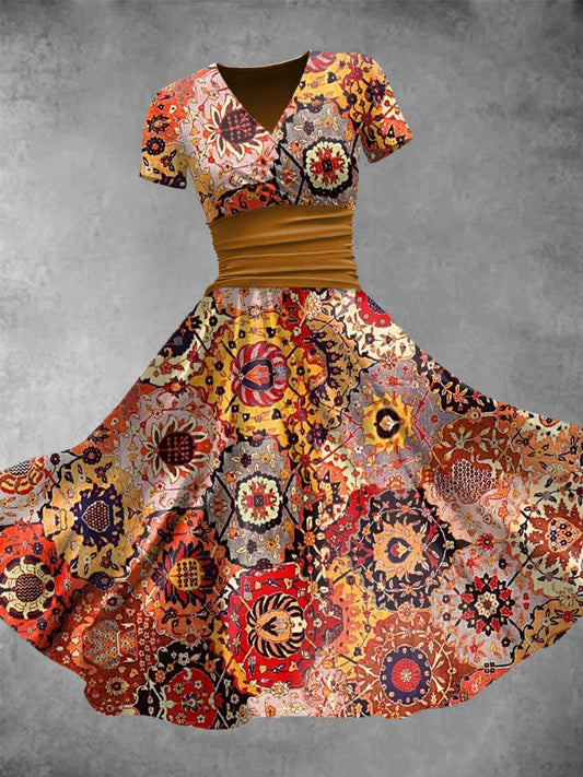 Retro etnikai stílus színes kockás nyomtatás v-nyak rövid ujjú midi ruha