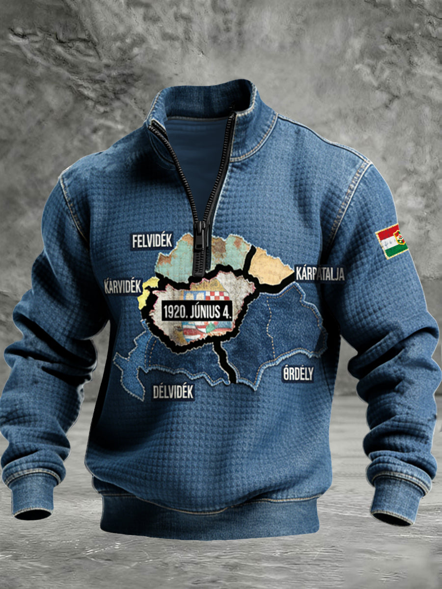 Férfi magyar stílusú denim-print waffle-weave pulóver