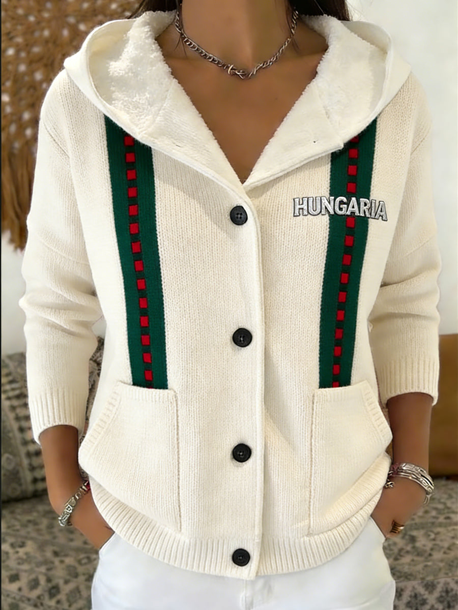 Női divatos bézs "hungaria" csíkos gombos kapucnis