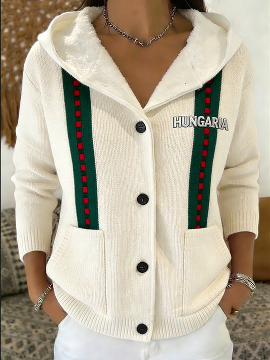 Női divatos bézs "hungaria" csíkos gombos kapucnis