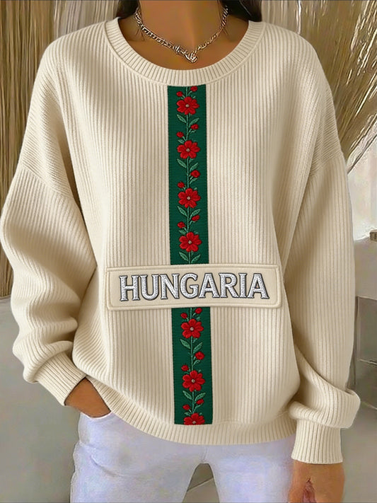 Női elegáns bézs "hungaria" virágos-csíkos kötött pulóver