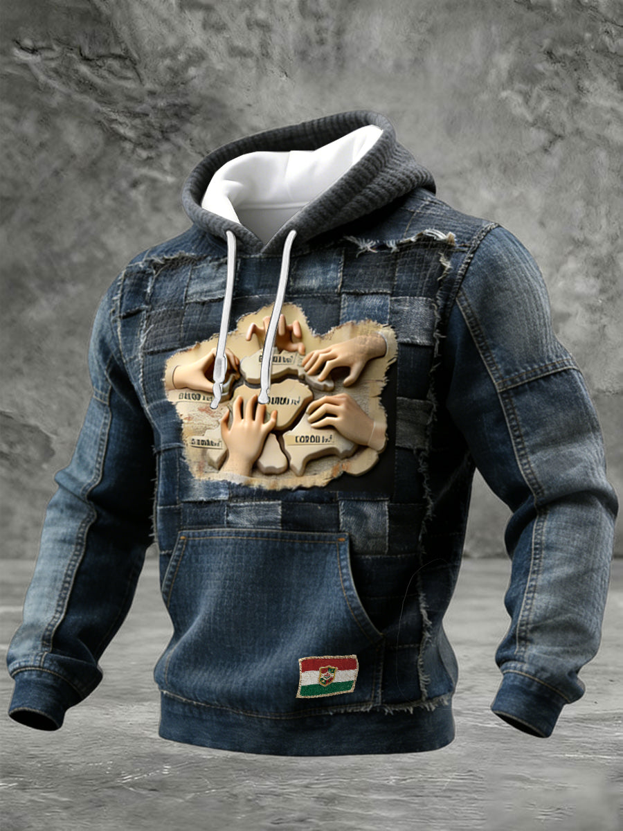 Férfi vintage magyar térkép-nyomtatás farmer-stílusú ellenőrzés pamut pulóver