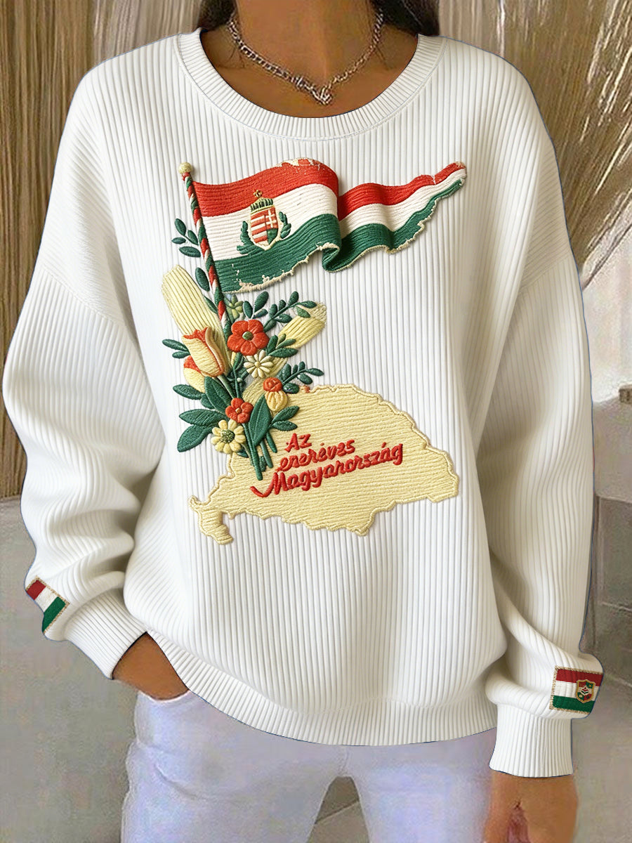 Női magyar zászló ihletésű hímzés-nyomtatott pulóver