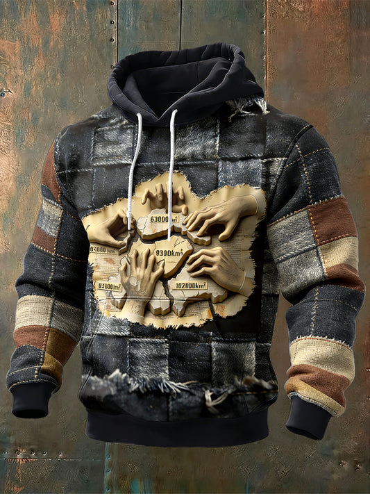 Férfi vintage magyar térkép-print denim-effect hooded sweatshirt