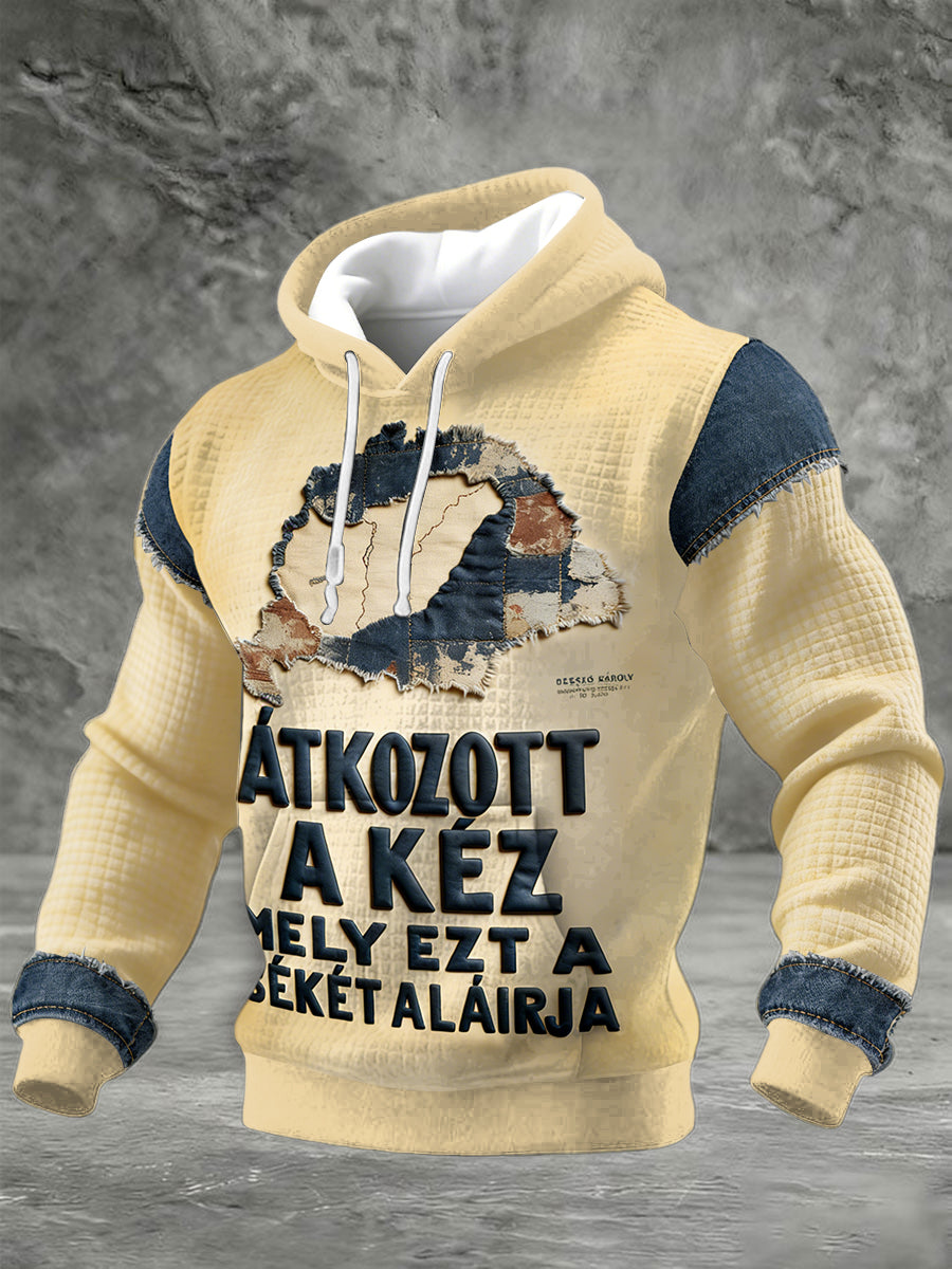 Férfi magyar vintage térkép patchwork nyomtatás ellenőrizze pamut pulóver