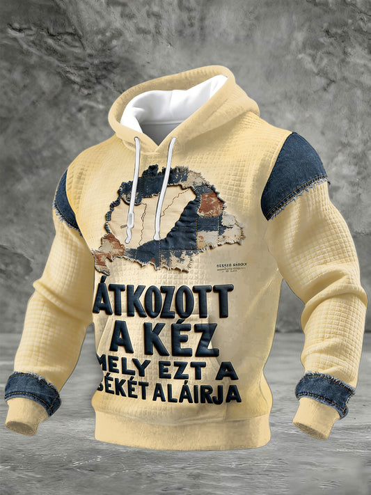 Férfi magyar vintage térkép patchwork nyomtatás ellenőrizze pamut pulóver
