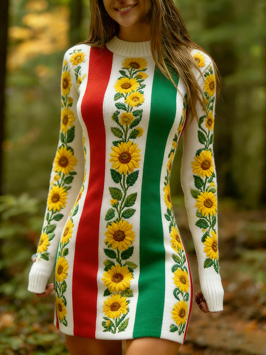 Női vintage etnikai stílus virágos nyomtatás kötött kényelmes és elegáns ruha