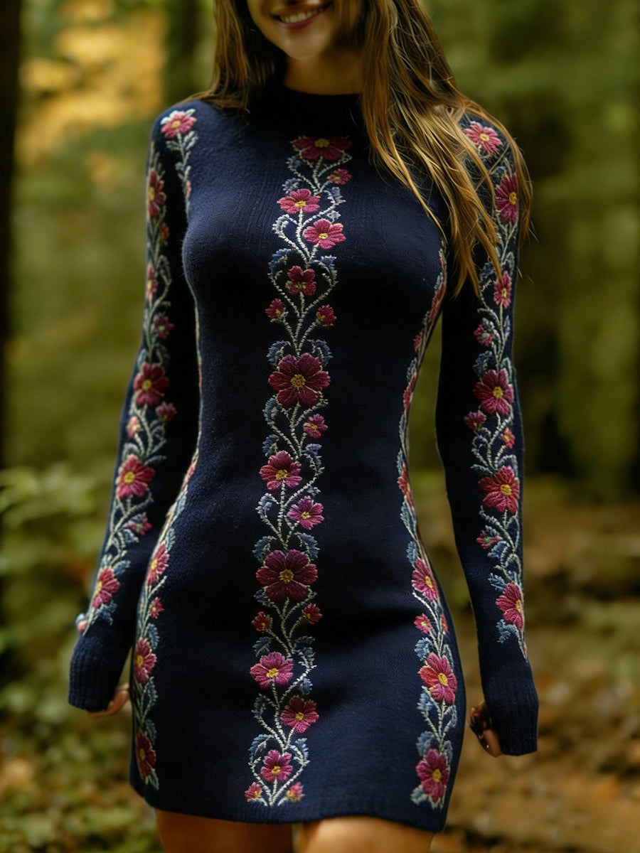 Női vintage etnikai stílus virágos nyomtatás kötött kényelmes és elegáns ruha