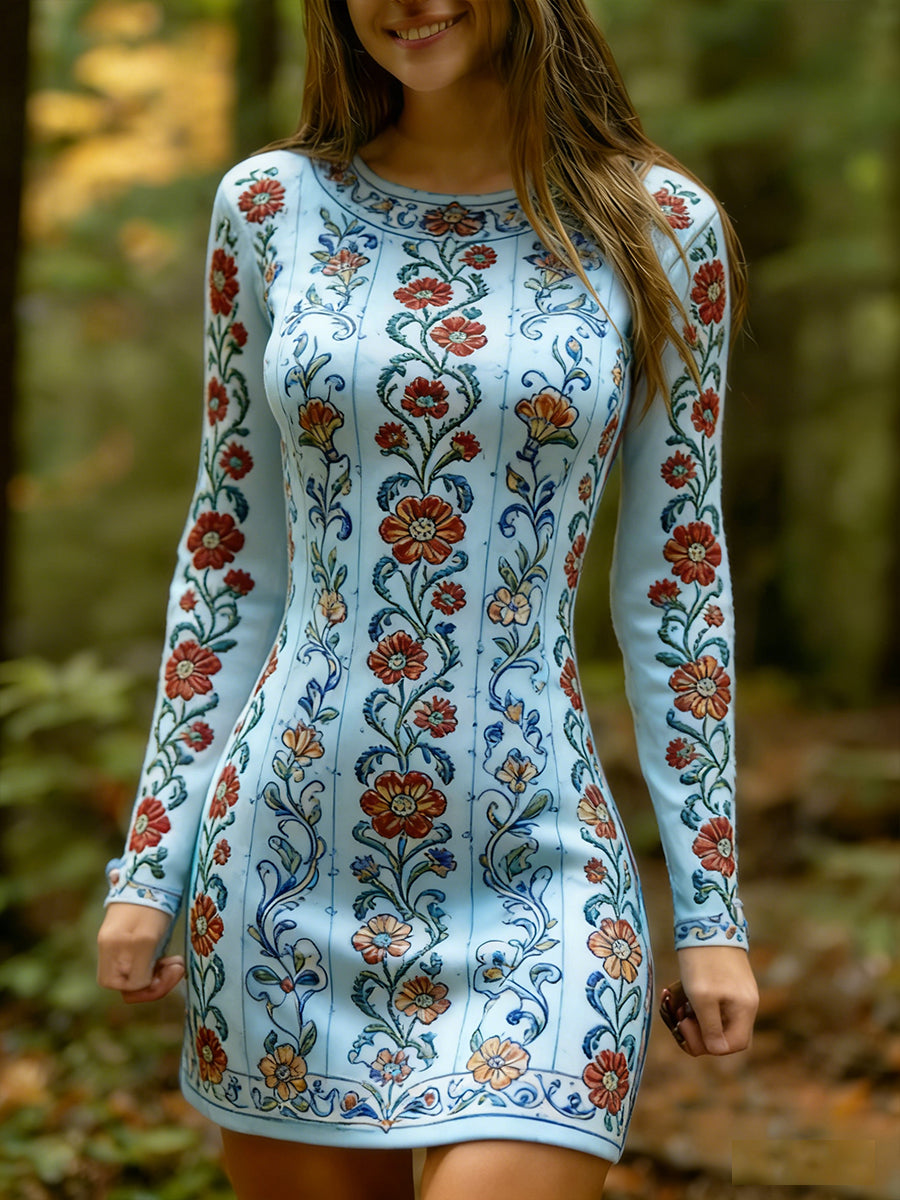 Női vintage etnikai stílus virágos nyomtatás kötött kényelmes és elegáns ruha