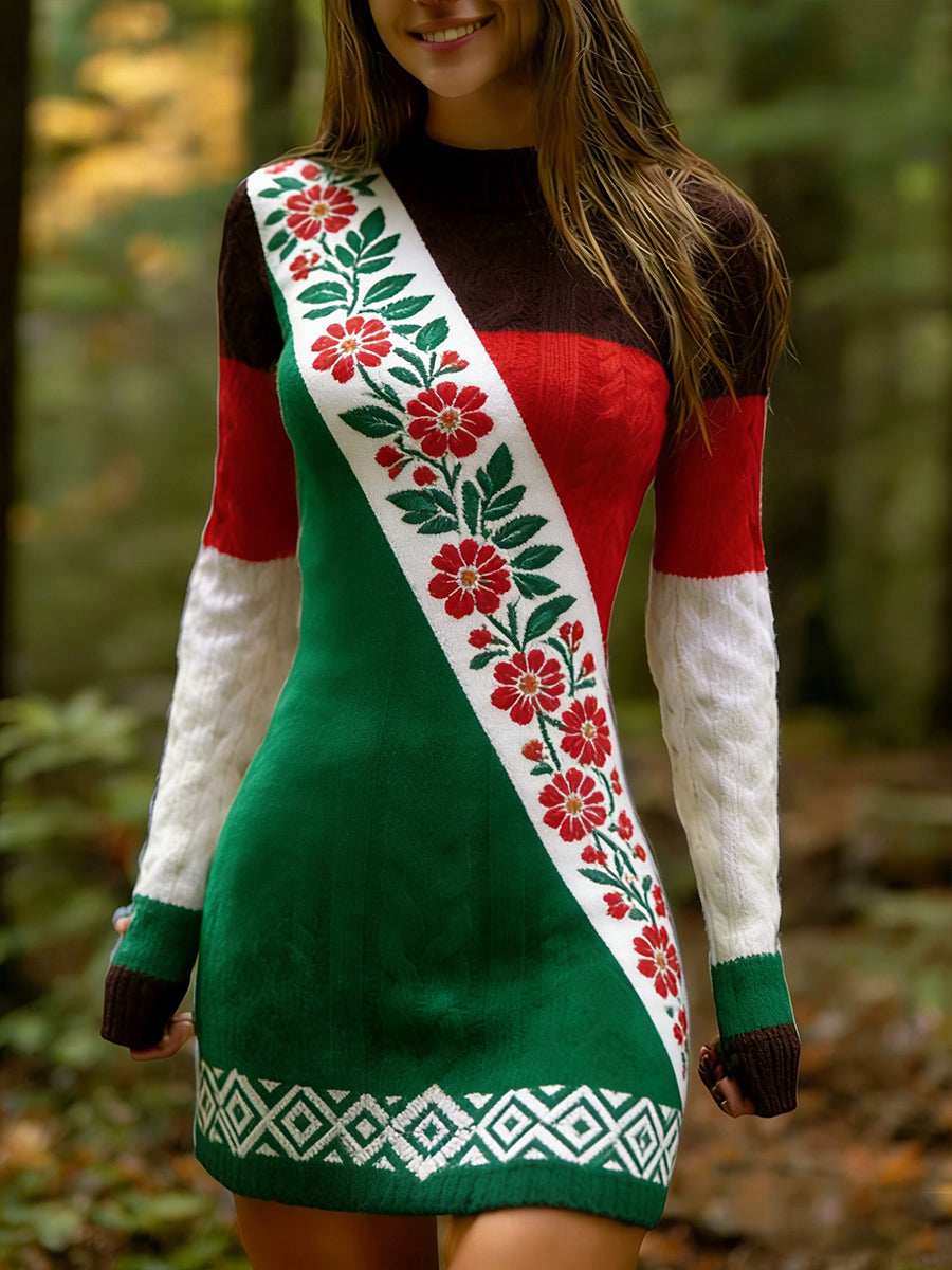 Női vintage etnikai stílus virágos nyomtatás kötött kényelmes és elegáns ruha