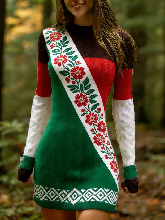 Női vintage etnikai stílus virágos nyomtatás kötött kényelmes és elegáns ruha