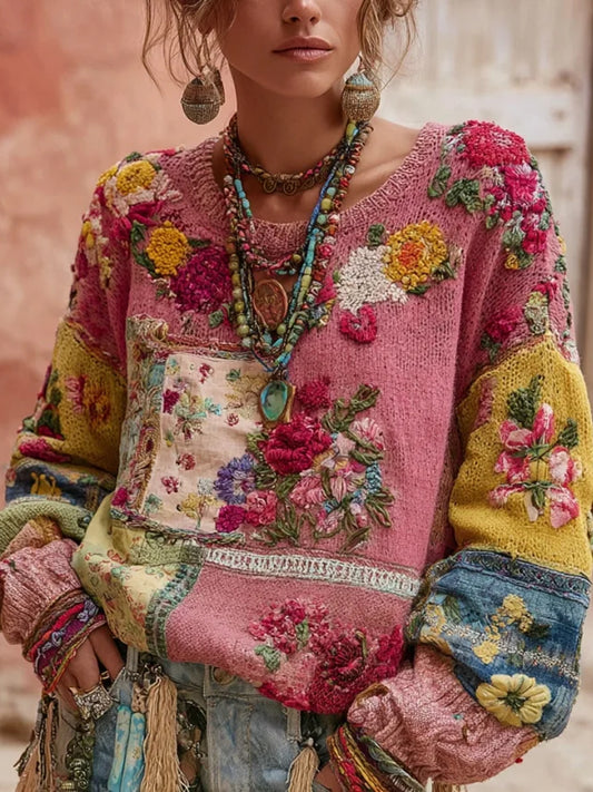 Női vintage rózsaszín virágok colorblock patchwork pulóver