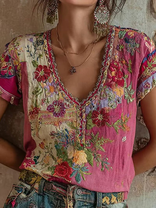 Női rózsaszín virágnyomat alkalmi póló