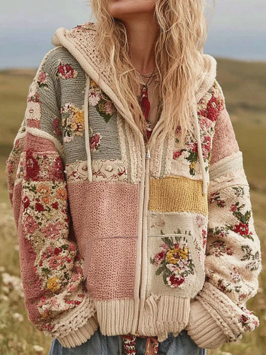 Női rózsaszín virág nyomtatás alkalmi zip-up kabát