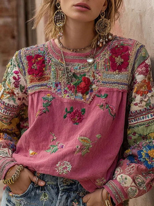 Női rózsaszín virágnyomat pulóver